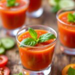 Glasses of chilled gazpacho shots on a table with basil leaves and slices of tomato