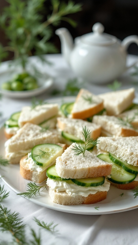 cucumber sandwiches on a plate, along with a tea pot and greenery decoration
