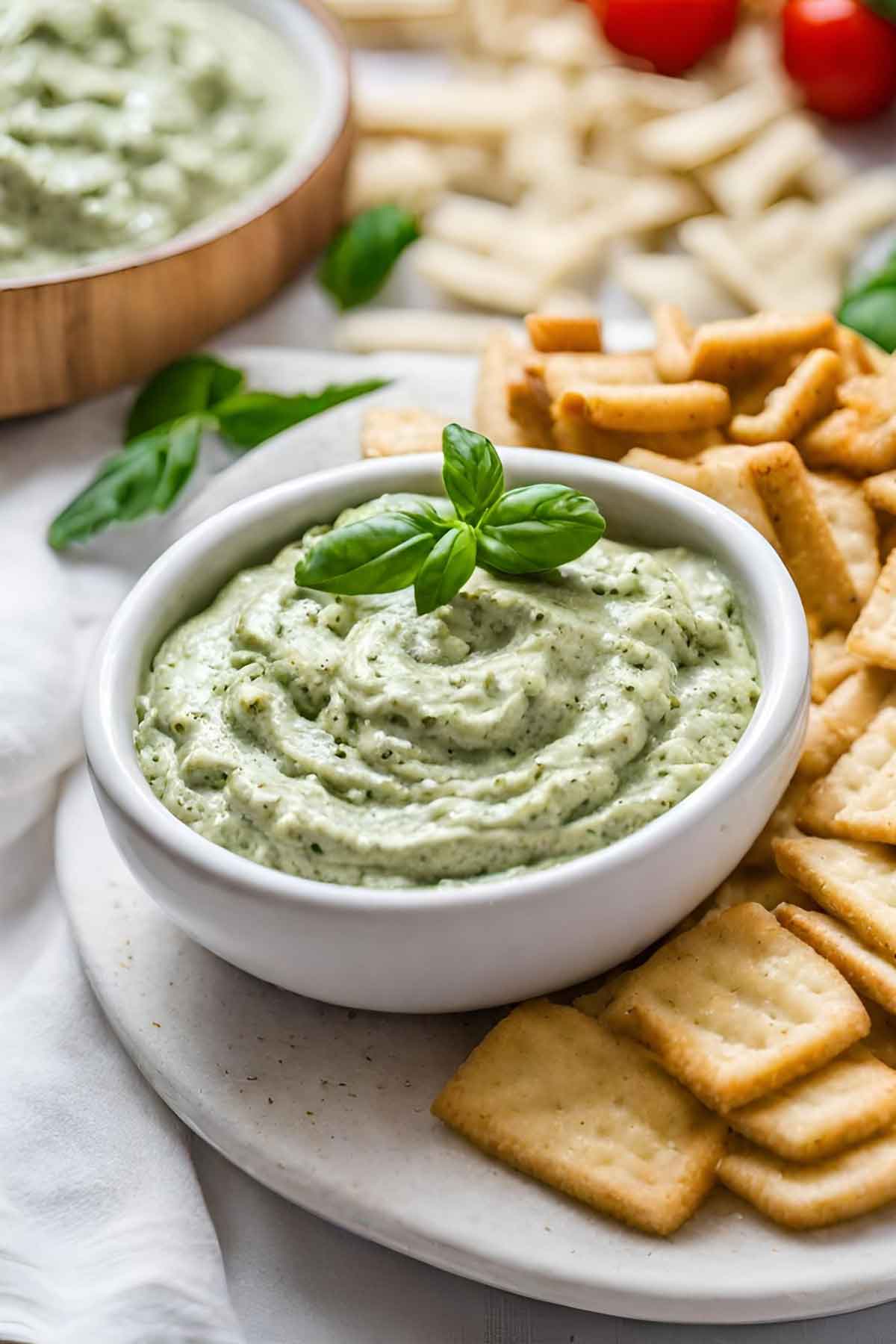 Herb-Pesto-Dip Herb pesto dip in a bowl with crackers on a plate