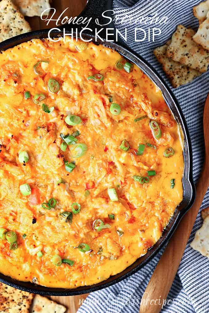 Honey-Sriracha-Chicken-Dip close-up of a honey sriracha dip bowl