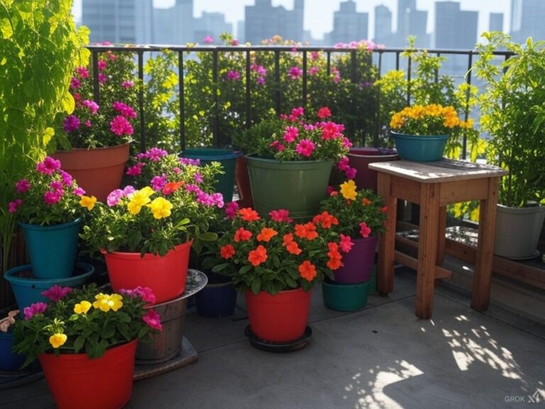 Containers with flowers on an apartment balcony