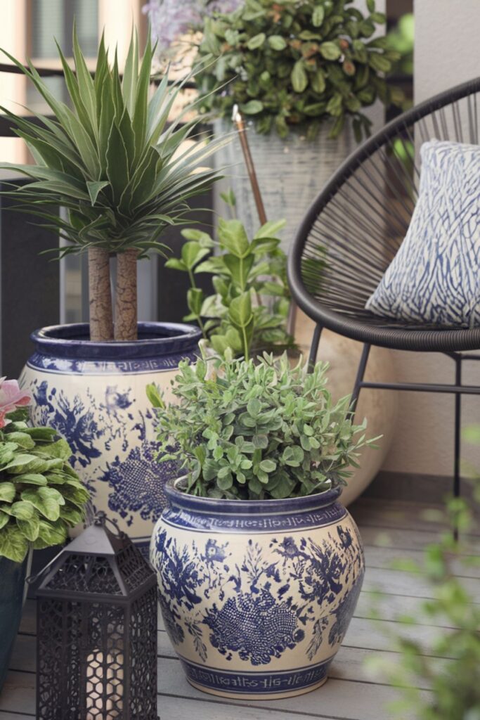 Blue and white painted pots on a balcony