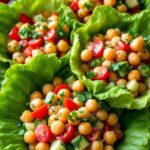 Chickpea salad in lettuce cups on a table