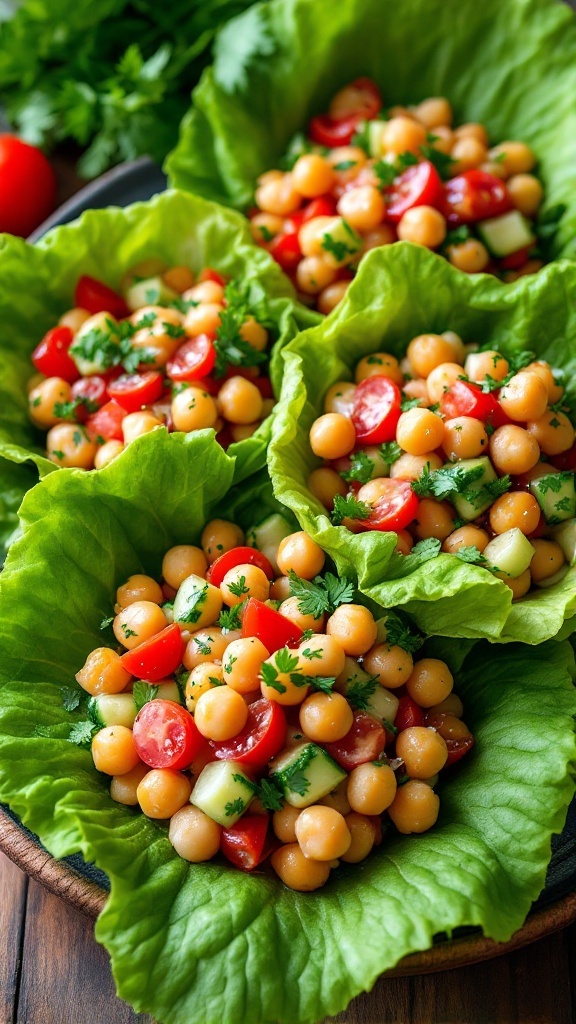 Chickpea salad in lettuce cups on a table