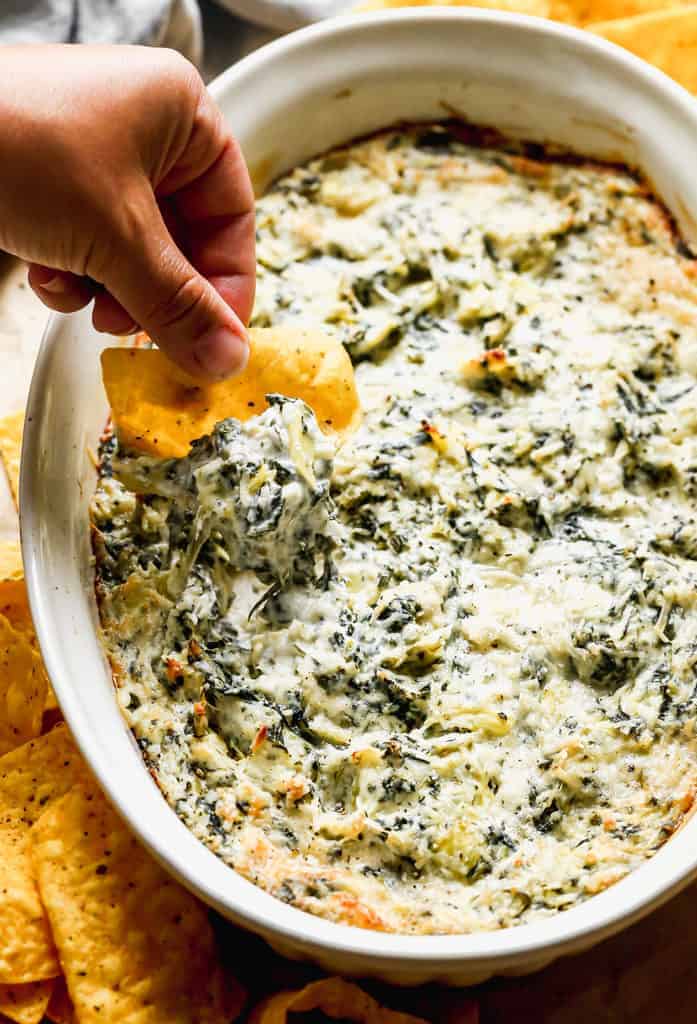 Spinach-Artichoke-Dip Close up of a spinach artichoke dip bowl