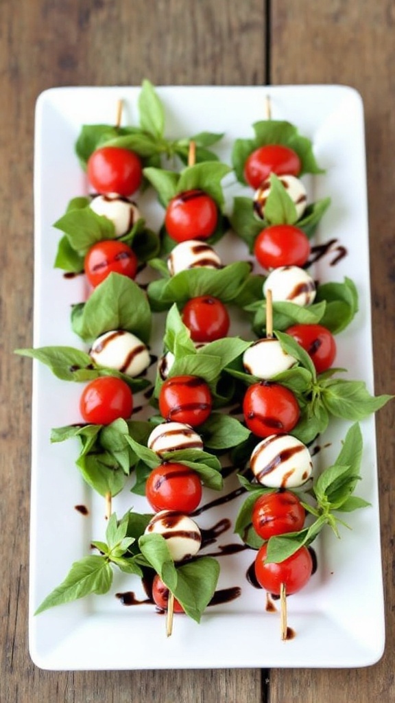 Caprese skewers on a white ceramic plate on a farm table