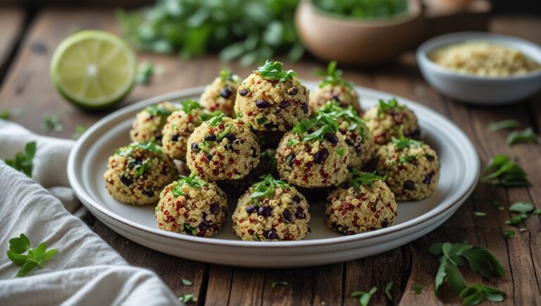 Quinoa and black beans bites on a plate set on a wooden table