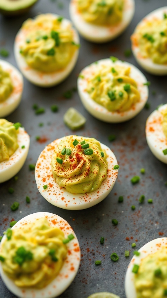 Avocado deviled eggs on a slate background