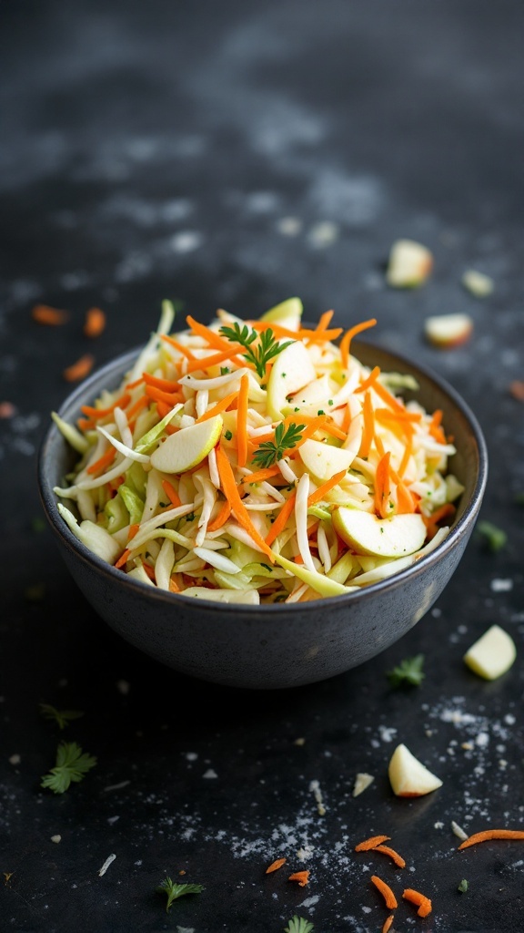 a bowl with cabbage carrot apple slaw on a slate counter