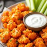 Cauliflower Buffalo Wings on a plate with a dip and vegetable sticks