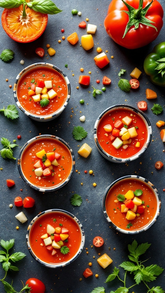 glasses of chilled of gazpacho on a slate counter