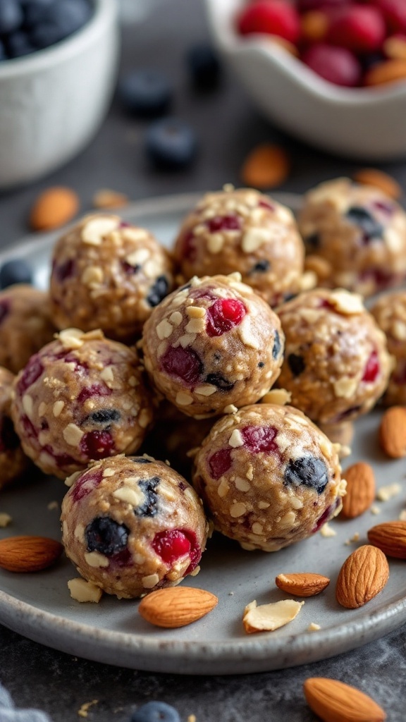A plate with fruit and nut energy balls on a table