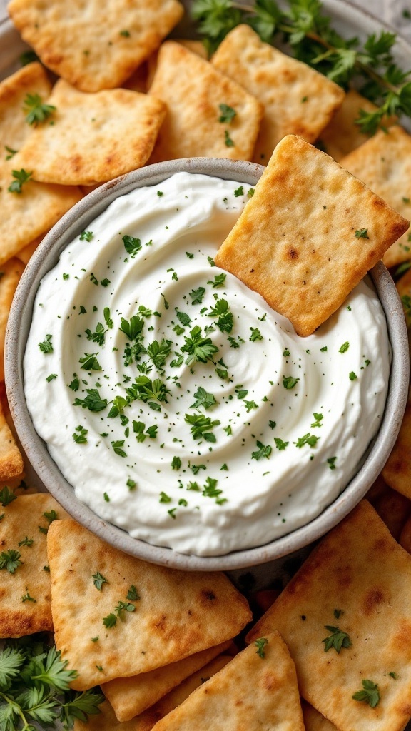 Bowl of greek yogurt dip and pita chips