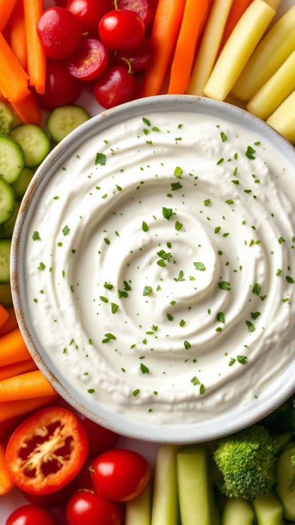 Bowl of greek yogurt ranch dip with veggie sticks
