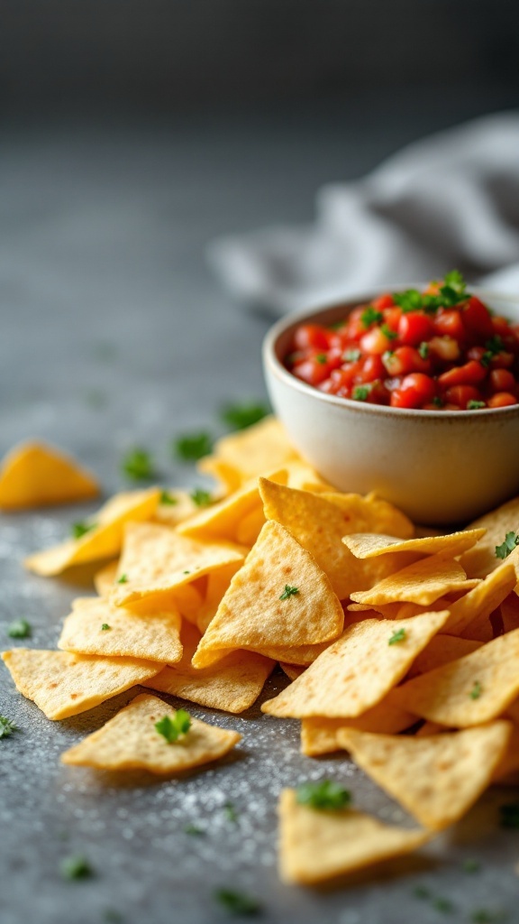 A bowl of homemade salsa with chips on a counter