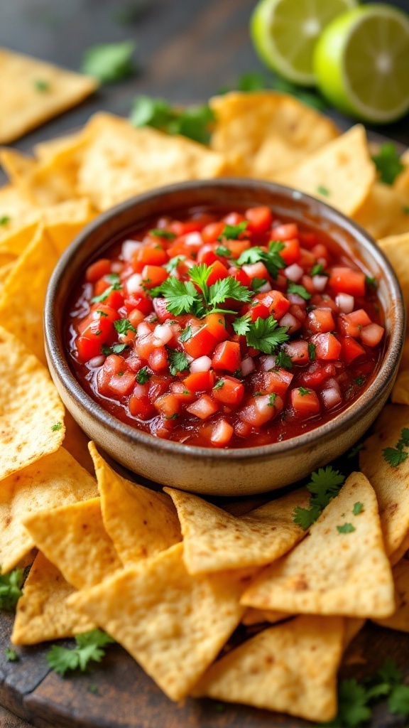 A bowl of homemade salsa surrounded by baked tortilla chip on a table
