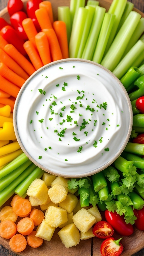 Creamy Greek Yogurt Ranch Dip Recipe Creamy Greek yogurt ranch dip in a bowl with colorful fresh veggies on a wooden table.