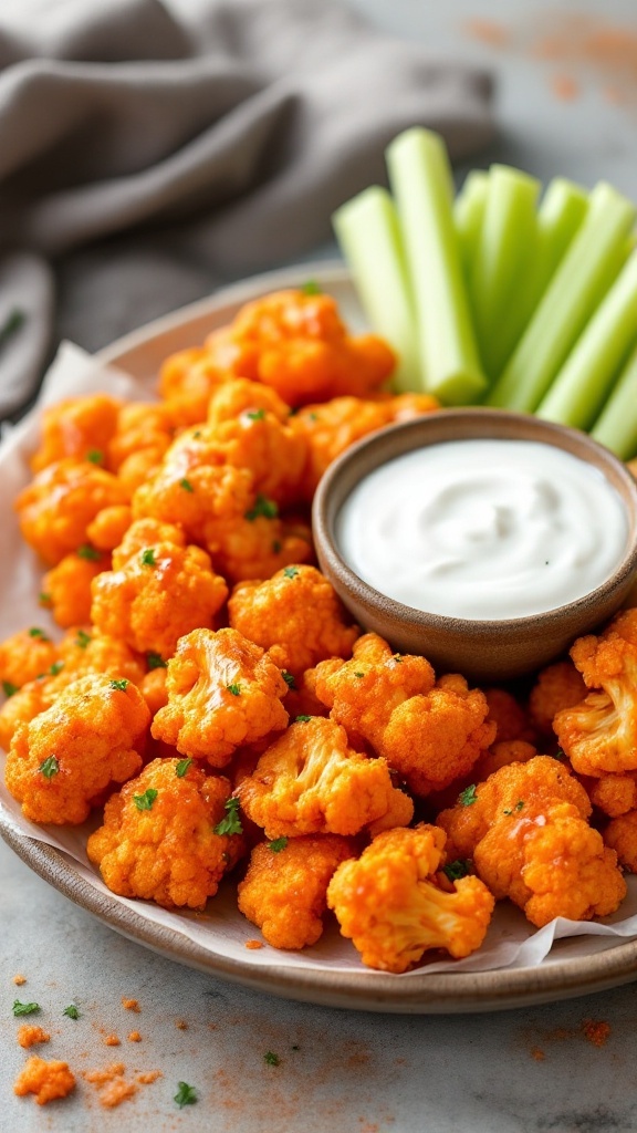 A plate of cauliflower buffalo wings with celery sticks and a bowl of ranch dressing.