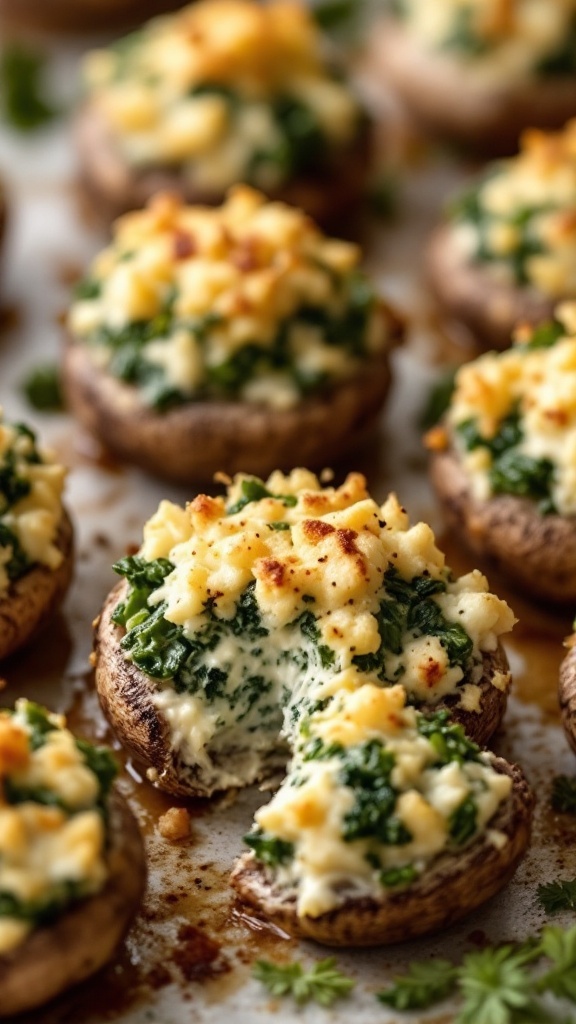 Stuffed mushrooms with spinach and cheese, baked and golden brown