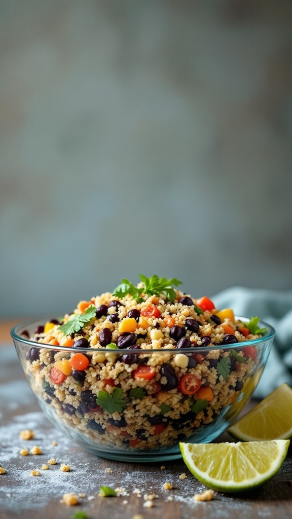 A colorful quinoa and black bean salad in a glass bowl, garnished with lime and herbs.
