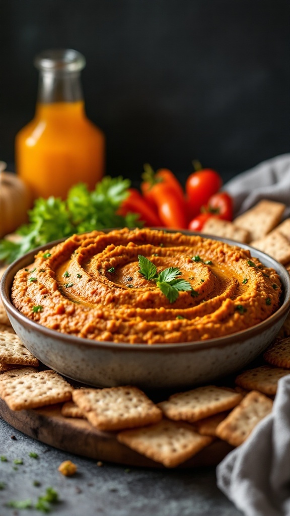 A bowl of spicy lentil hummus surrounded by crackers and fresh ingredients.