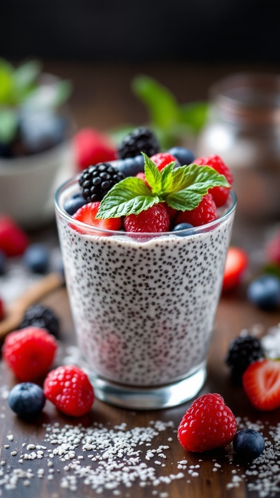 Chia seed pudding topped with berries and mint leaves in a clear glass.