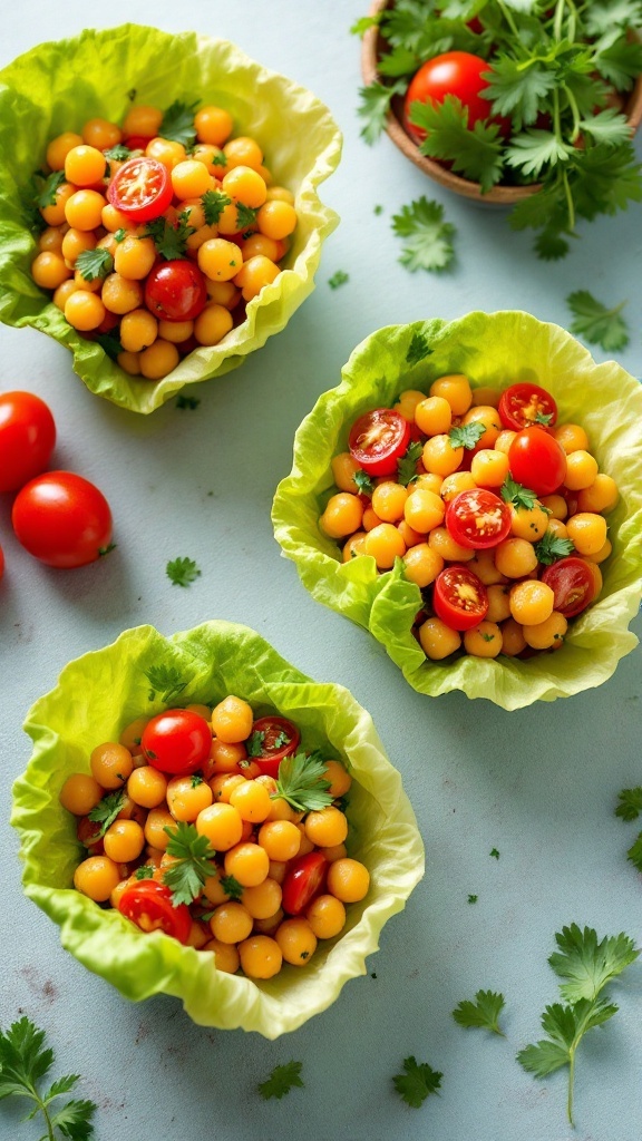 Chickpea salad in lettuce cups with cherry tomatoes and cilantro.