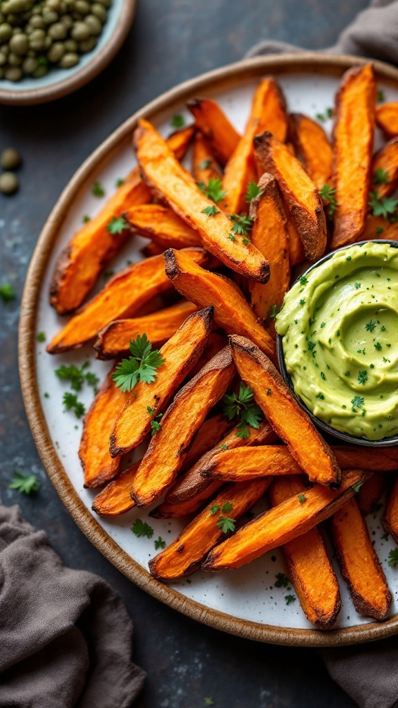 A plate of baked sweet potato fries served with a creamy dip, garnished with herbs.