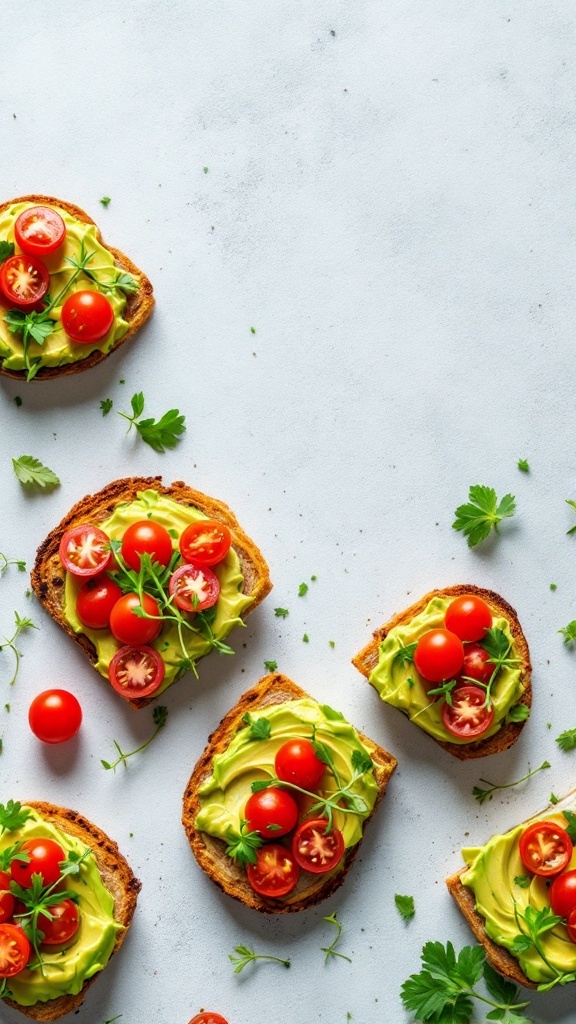 Colorful avocado toast bites topped with cherry tomatoes and herbs