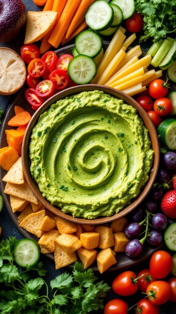 A vibrant platter featuring guacamole surrounded by an assortment of colorful vegetables and crackers.
