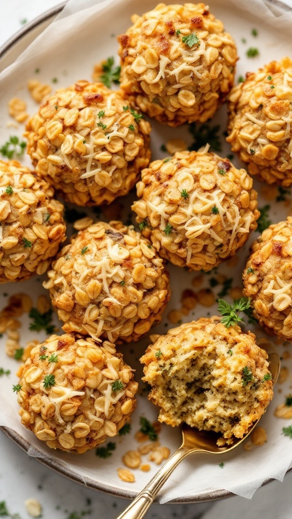 A close-up of savory oatmeal bites topped with cheese and herbs.