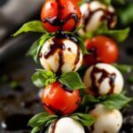 Mini caprese skewers with mozarella and cherry tomatoes and balsamic glaze on a ceramic plate