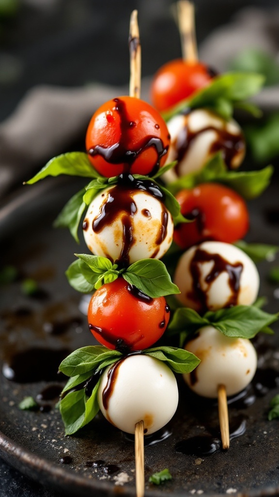 Mini caprese skewers with mozarella and cherry tomatoes and balsamic glaze on a ceramic plate