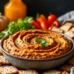 A bowl of spicy lentil hummus and chips on a table