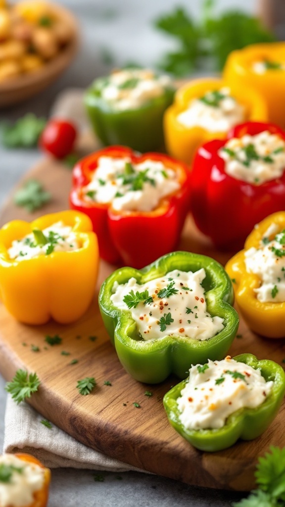 Quinoa stuffed mini peppers on a wooden board