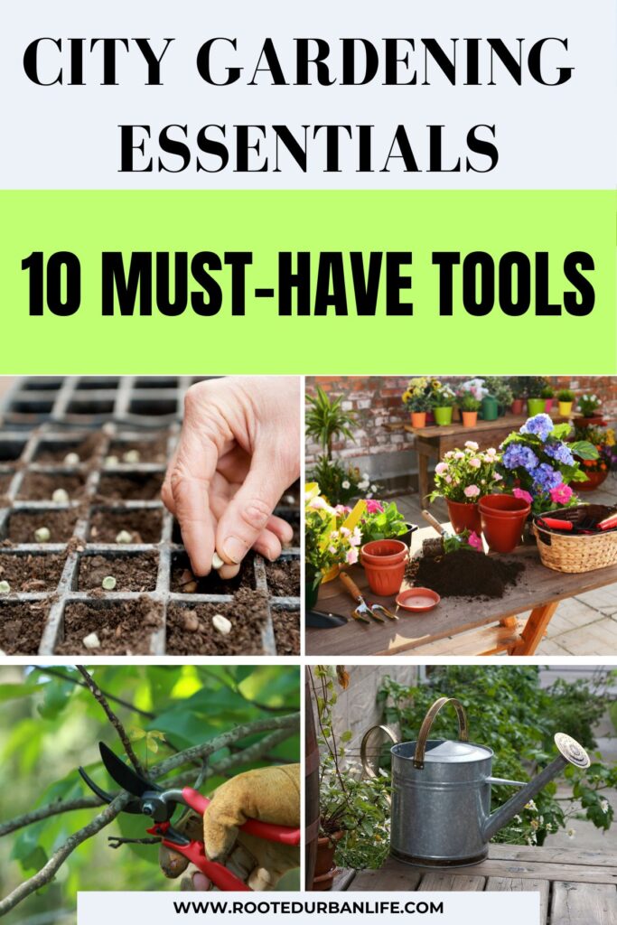 Collage of essential gardening tools 