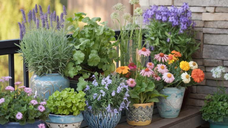 Pollinator Friendly Plants in Pots on Balcony
