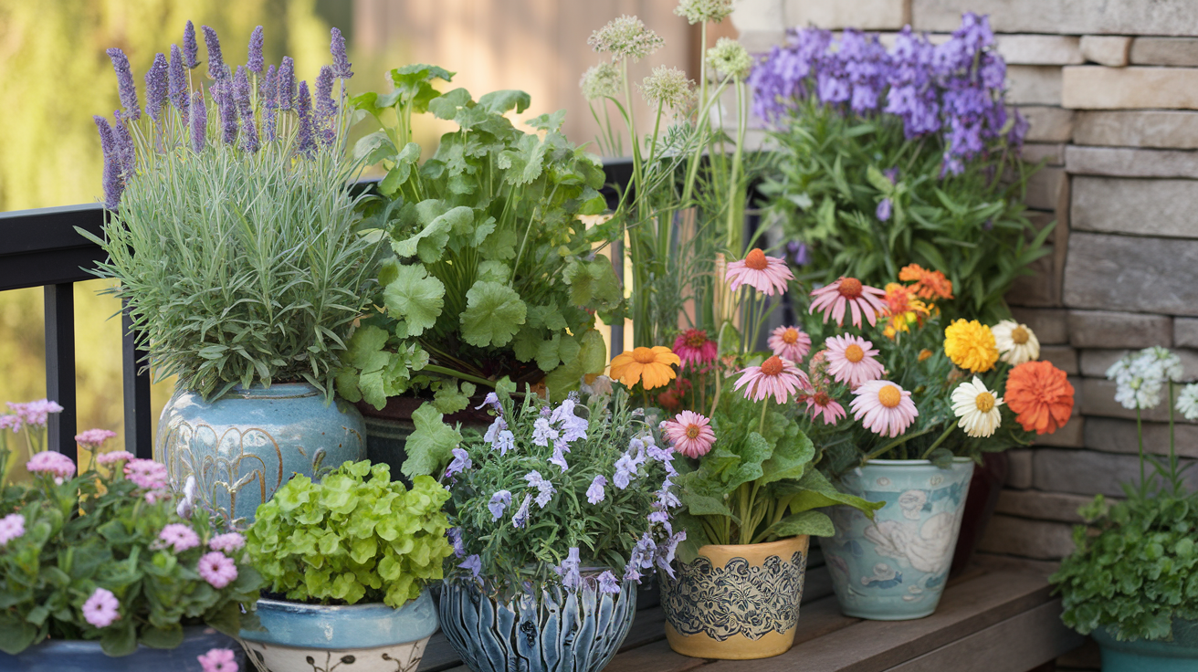 Pollinator Friendly Plants in Pots on Balcony