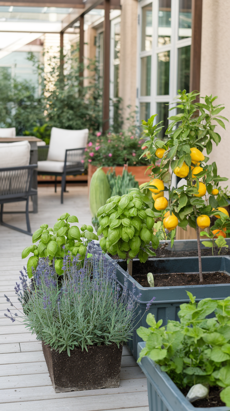 Containers with lavender, basil, mint, lemon tree on a patio