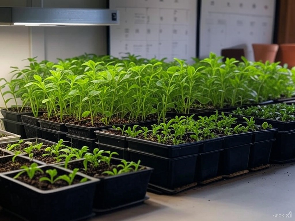 Trays with seedlings under growing lights