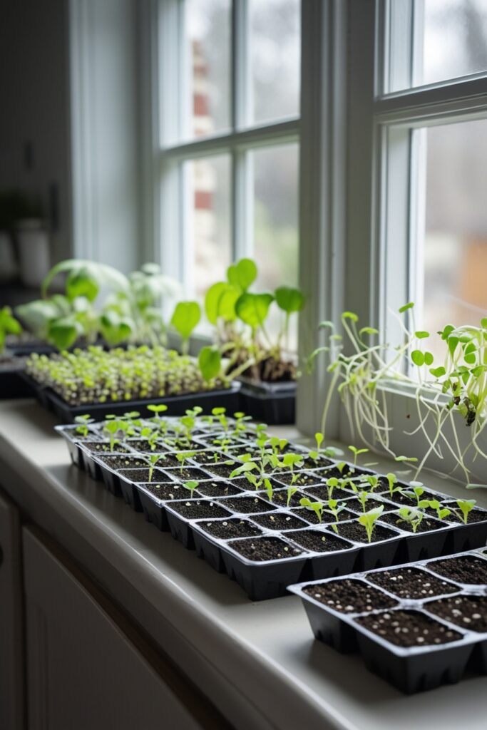 seedling trays in front of a window
