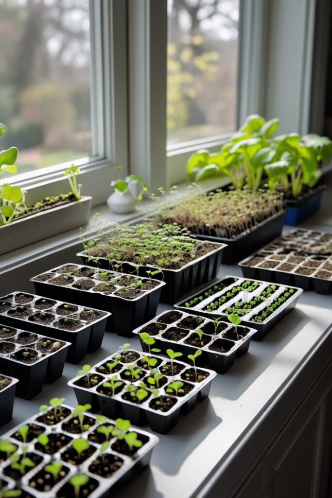 Seedling trays in front of a window
