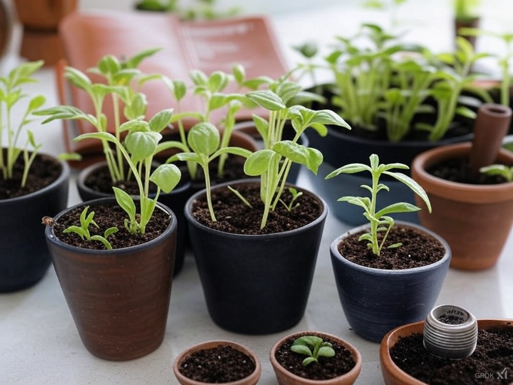 Seedlings in pots on a kitchen table