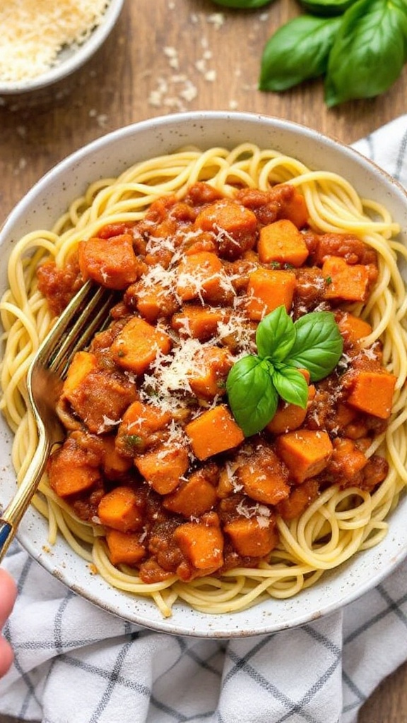 Sweet potato bolognese over pasta on a plate. The plate is on white checkered linen.