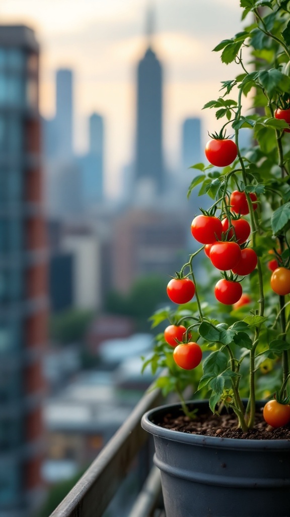 Cherry tomatoes growing in a pot on a balcony