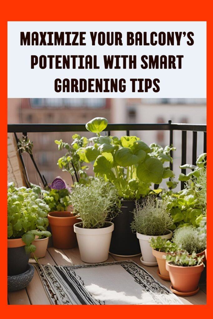 Herbs and vegetables in pots on a balcony.