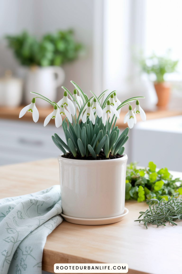 Potted snowdrops on a kitchen counter
