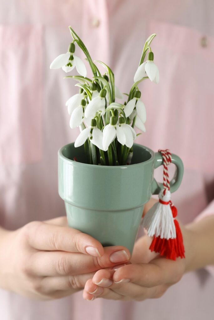Woman holding a cup with potted snowdrops