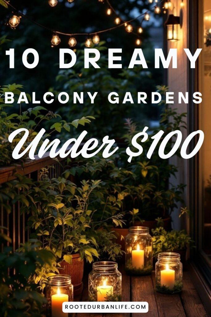Balcony garden at night lighted by candles in jars
