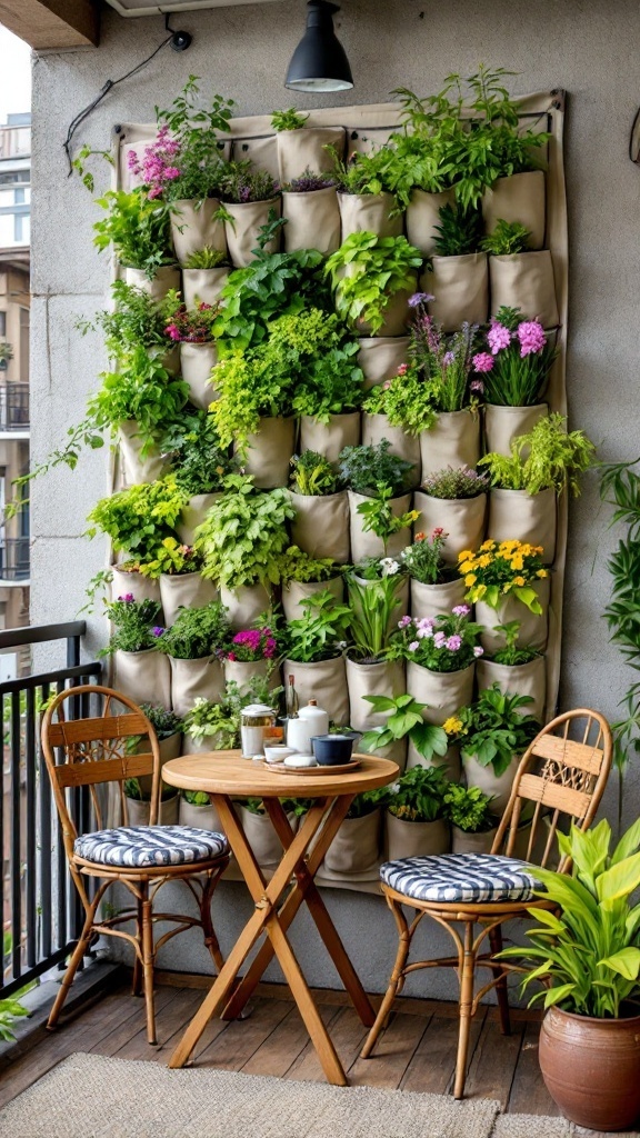Fabric pockets wall with herbs and flowers and bistro like sitting area
